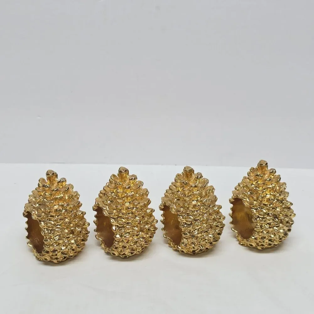 Vintage Department 56 Pinecone Gold Tone Napkin Rings Set of 4 Christmas Holiday